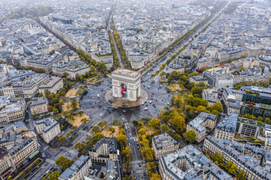 arc de triomphe et alentours vu du ciel